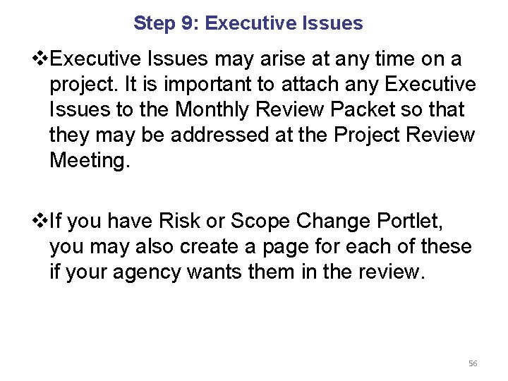 Step 9: Executive Issues v. Executive Issues may arise at any time on a