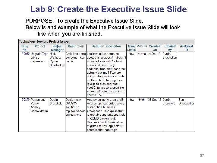 Lab 9: Create the Executive Issue Slide PURPOSE: To create the Executive Issue Slide.