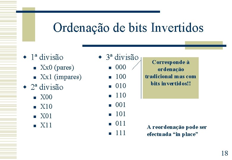 Ordenação de bits Invertidos w 1ª divisão n n Xx 0 (pares) Xx 1