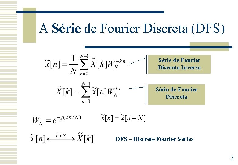 A Série de Fourier Discreta (DFS) Série de Fourier Discreta Inversa Série de Fourier
