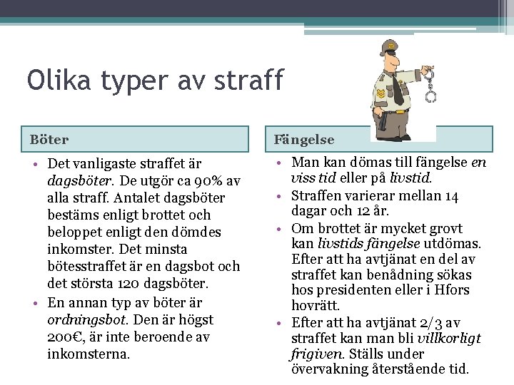 Olika typer av straff Böter Fängelse • Det vanligaste straffet är dagsböter. De utgör