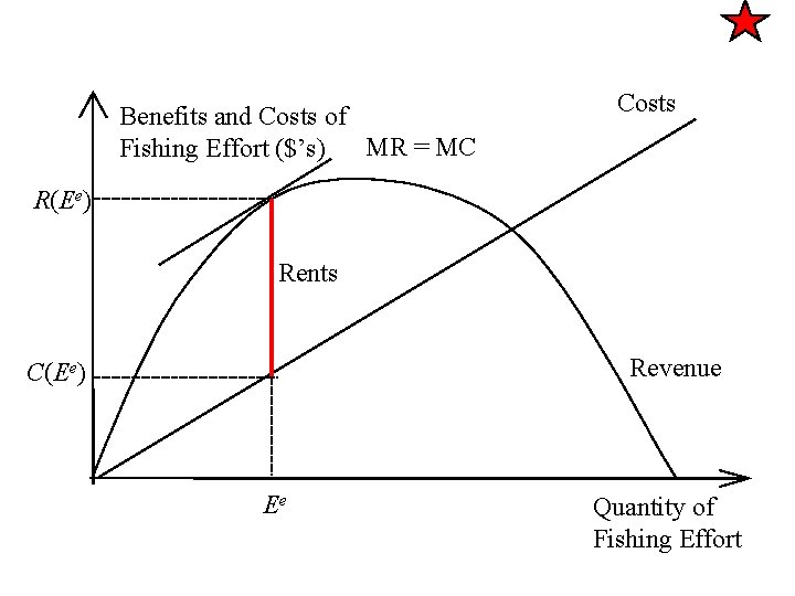 Benefits and Costs of MR = MC Fishing Effort ($’s) Costs R(Ee) Rents Revenue