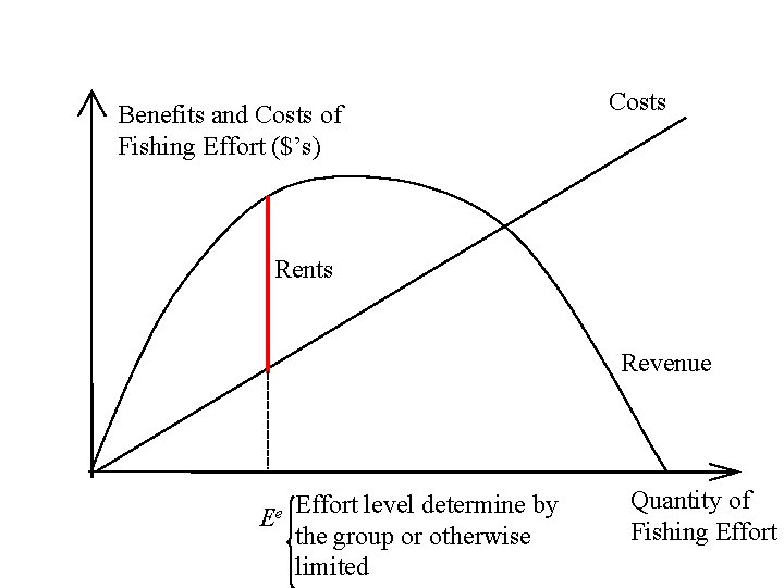 Benefits and Costs of Fishing Effort ($’s) Costs Rents Revenue Ee Effort level determine