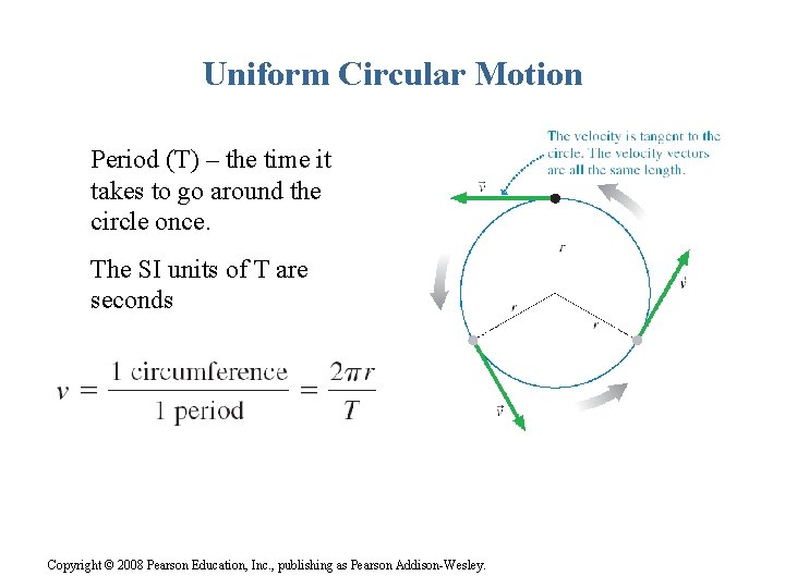 Uniform Circular Motion Period (T) – the time it takes to go around the