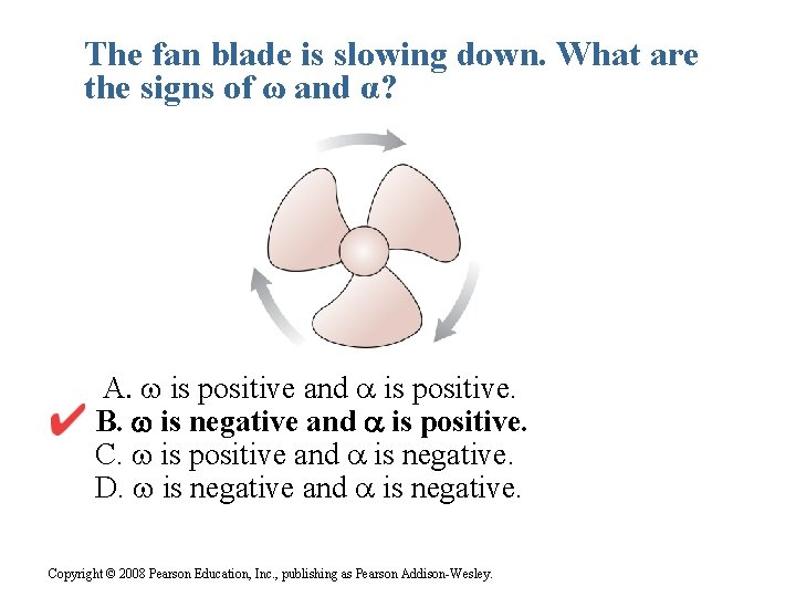 The fan blade is slowing down. What are the signs of ω and α?