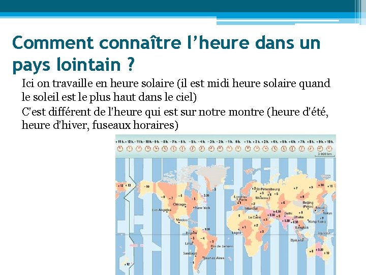 Comment connaître l’heure dans un pays lointain ? Ici on travaille en heure solaire