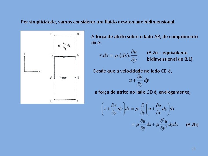 Por simplicidade, vamos considerar um fluido newtoniano bidimensional. A força de atrito sobre o