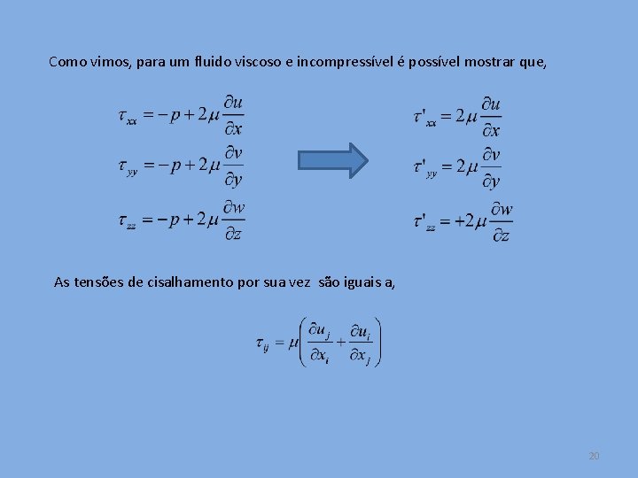 Como vimos, para um fluido viscoso e incompressível é possível mostrar que, As tensões