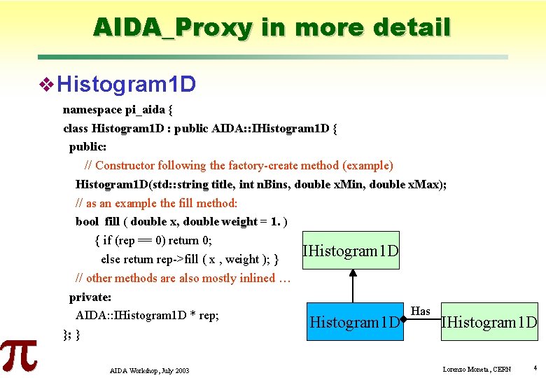 AIDA_Proxy in more detail Histogram 1 D namespace pi_aida { class Histogram 1 D