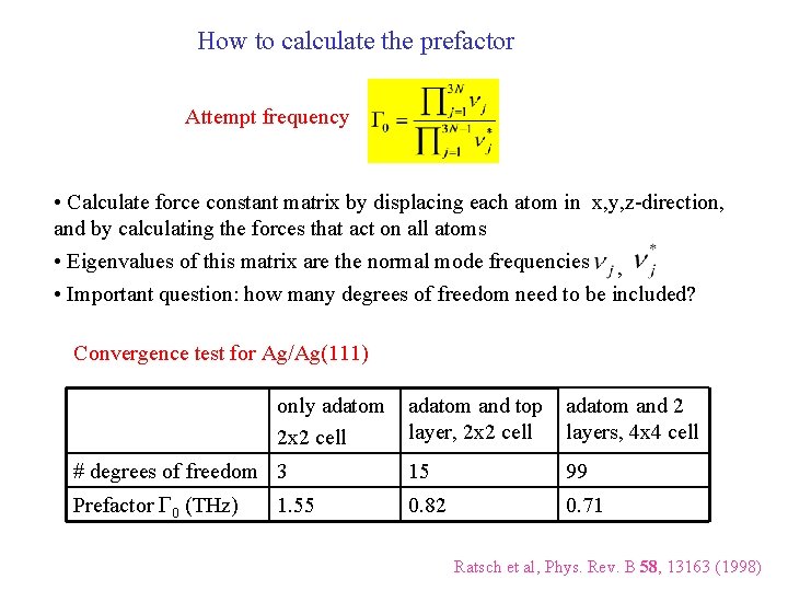 How to calculate the prefactor Attempt frequency • Calculate force constant matrix by displacing