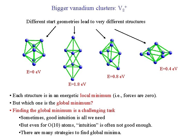 Bigger vanadium clusters: V 8+ Different start geometries lead to very different structures E=0.