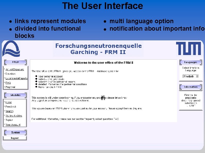 The User Interface links represent modules divided into functional blocks multi language option notification