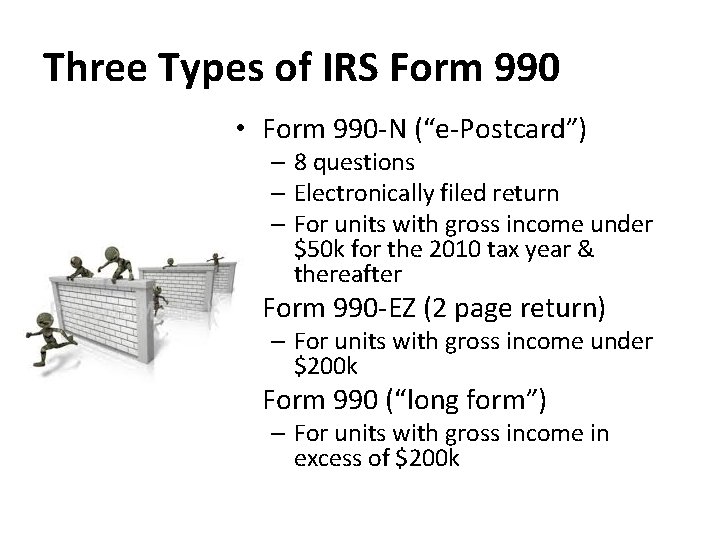 Three Types of IRS Form 990 • Form 990 -N (“e-Postcard”) – 8 questions