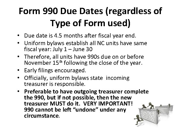 Form 990 Due Dates (regardless of Type of Form used) • Due date is