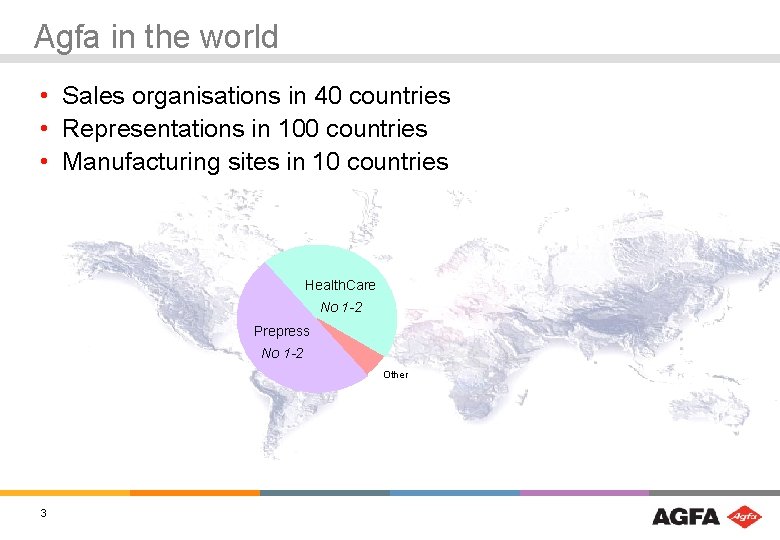 Agfa in the world • Sales organisations in 40 countries • Representations in 100