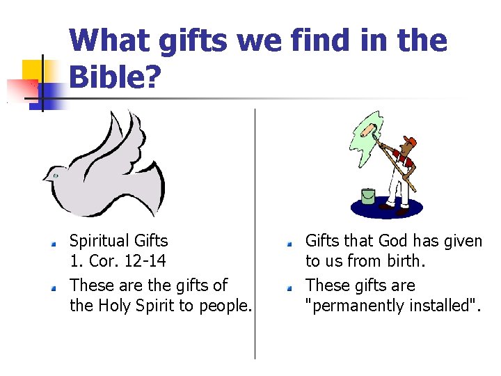 What gifts we find in the Bible? Spiritual Gifts 1. Cor. 12 -14 These