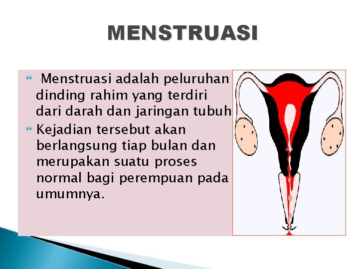 MENSTRUASI Menstruasi adalah peluruhan dinding rahim yang terdiri darah dan jaringan tubuh. Kejadian tersebut