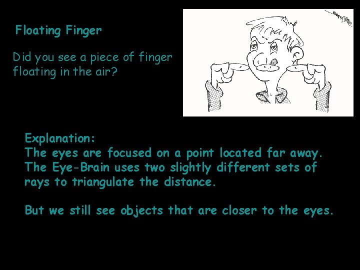 Floating Finger Did you see a piece of finger floating in the air? Explanation: