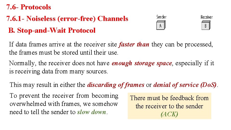 7. 6 - Protocols 7. 6. 1 - Noiseless (error-free) Channels B. Stop-and-Wait Protocol