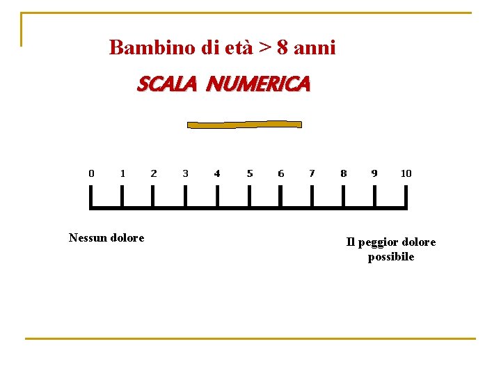 Bambino di età > 8 anni SCALA NUMERICA Nessun dolore Il peggior dolore possibile
