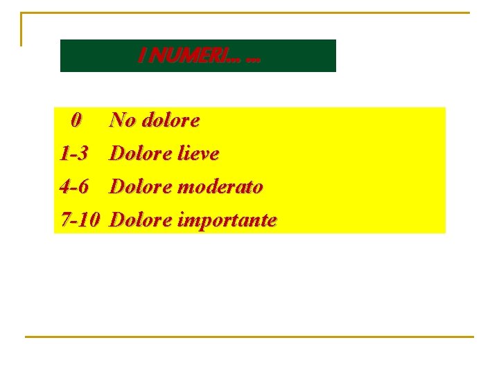 I NUMERI… … 0 1 -3 4 -6 7 -10 No dolore Dolore lieve