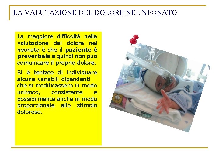 LA VALUTAZIONE DEL DOLORE NEL NEONATO La maggiore difficoltà nella valutazione del dolore nel
