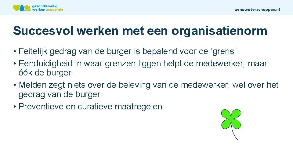 Succesvol werken met een organisatienorm • Feitelijk gedrag van de burger is bepalend voor