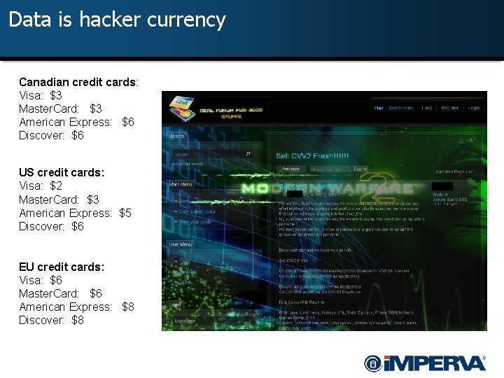 Data is hacker currency Canadian credit cards: Visa: $3 Master. Card: $3 American Express: