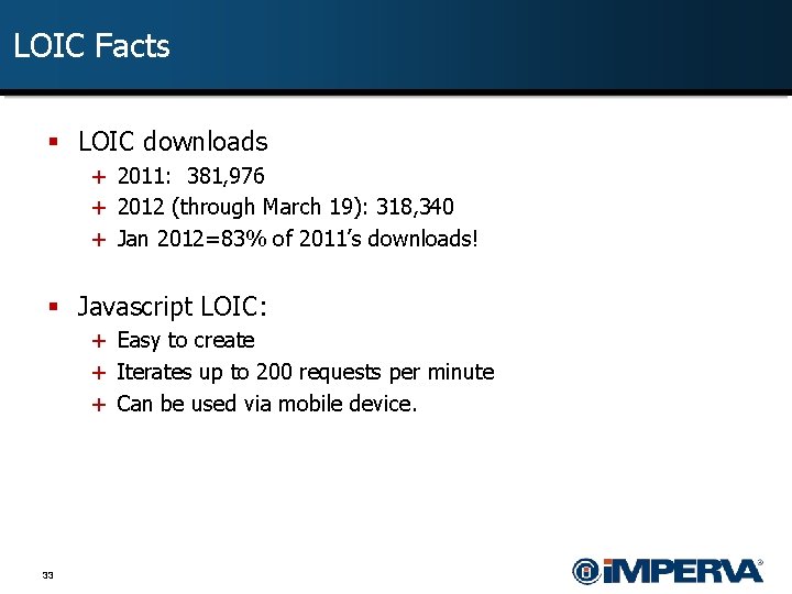 LOIC Facts § LOIC downloads + 2011: 381, 976 + 2012 (through March 19):