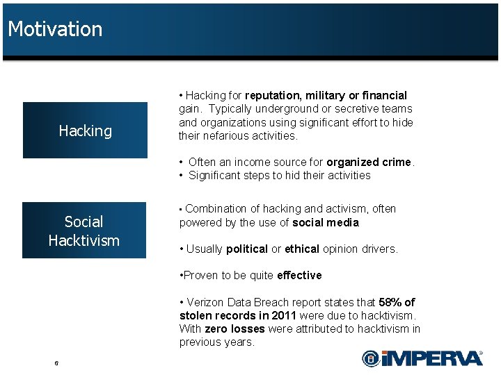 Motivation Hacking • Hacking for reputation, military or financial gain. Typically underground or secretive