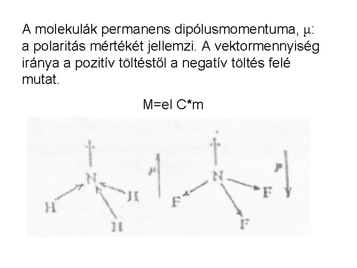 A molekulák permanens dipólusmomentuma, μ: a polaritás mértékét jellemzi. A vektormennyiség iránya a pozitív