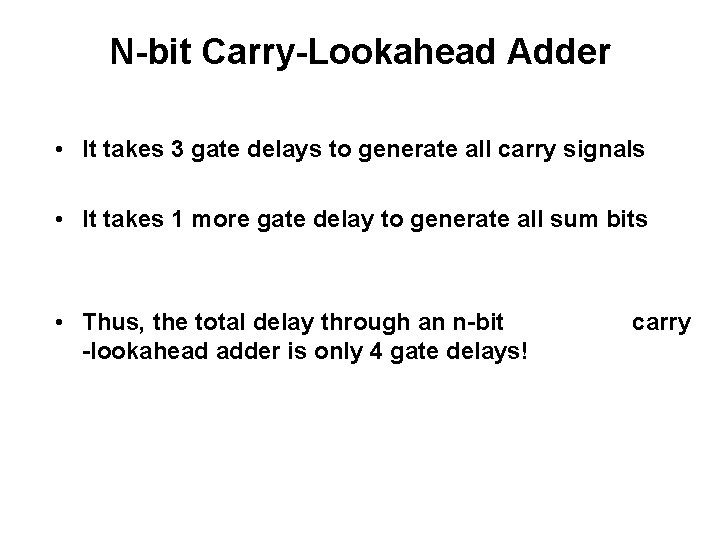 N-bit Carry-Lookahead Adder • It takes 3 gate delays to generate all carry signals