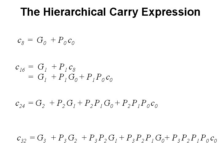 The Hierarchical Carry Expression c 8 = G 0 + P 0 c 16