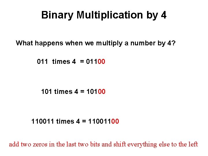 Binary Multiplication by 4 What happens when we multiply a number by 4? 011
