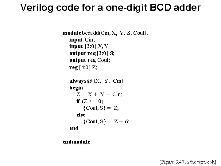 Verilog code for a one-digit BCD adder module bcdadd(Cin, X, Y, S, Cout); input