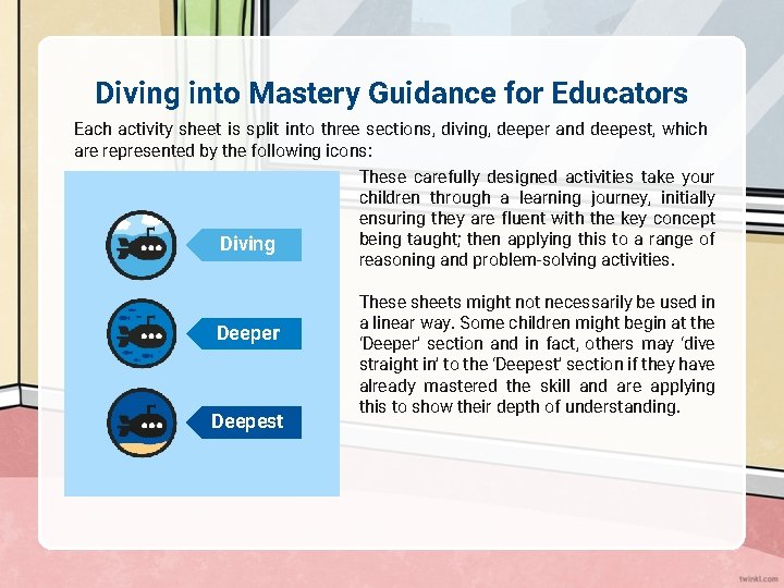 Diving into Mastery Guidance for Educators Each activity sheet is split into three sections,