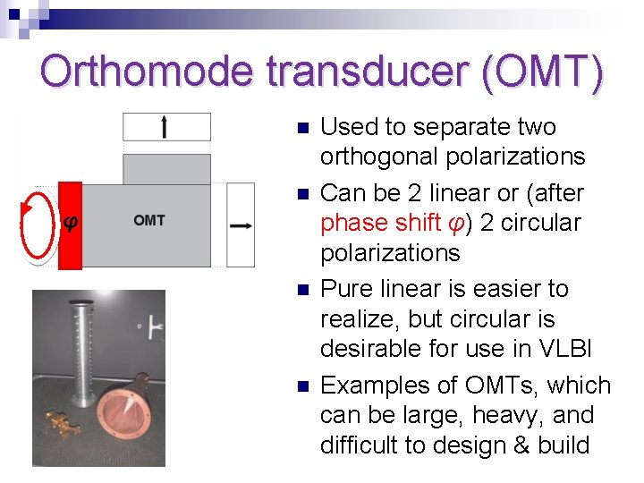Orthomode transducer (OMT) n n φ n n Used to separate two orthogonal polarizations
