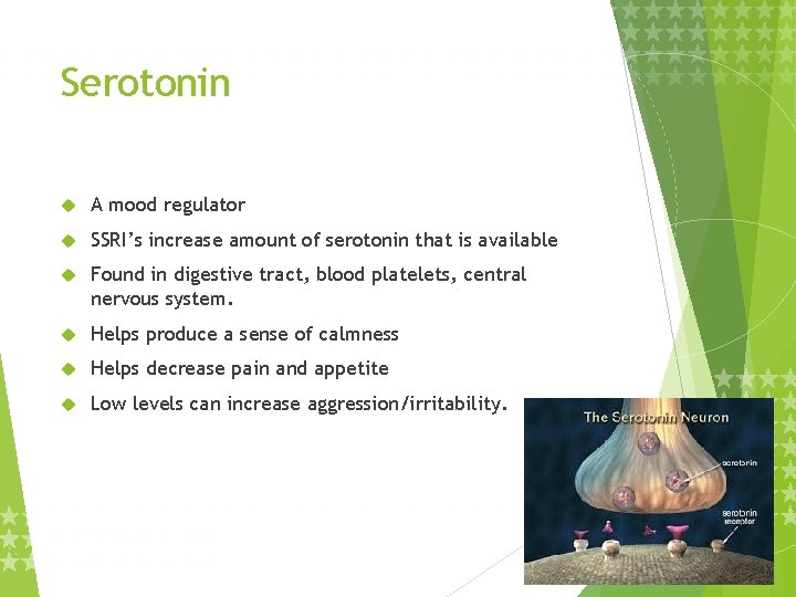 Serotonin A mood regulator SSRI’s increase amount of serotonin that is available Found in
