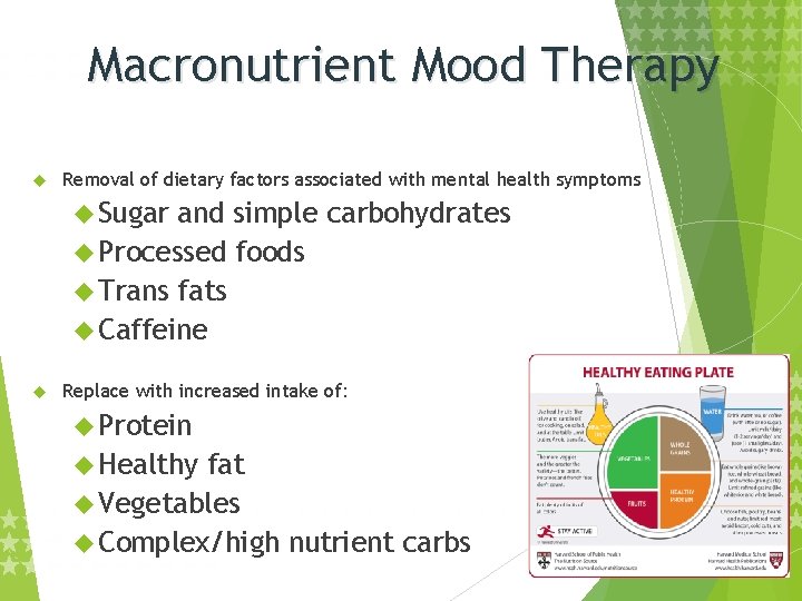 Macronutrient Mood Therapy Removal of dietary factors associated with mental health symptoms Sugar and