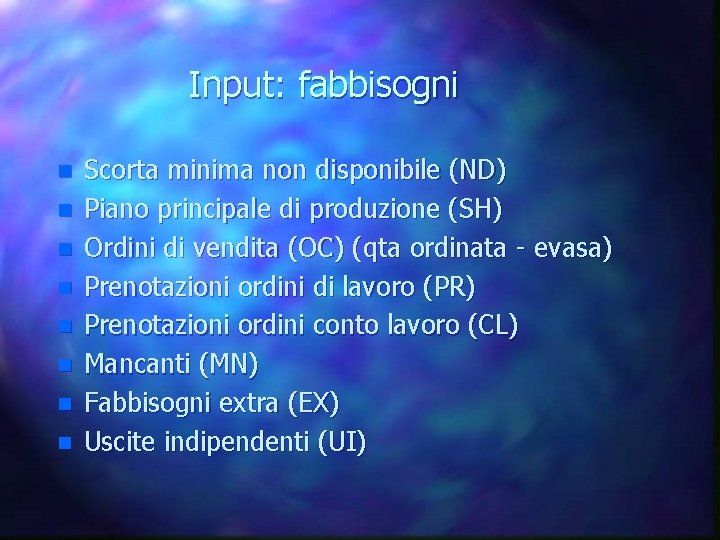 Input: fabbisogni n n n n Scorta minima non disponibile (ND) Piano principale di