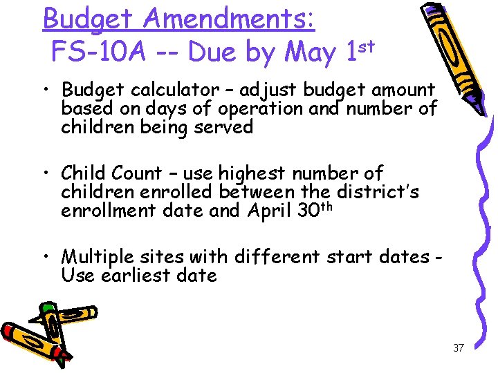 Budget Amendments: FS-10 A -- Due by May 1 st • Budget calculator –