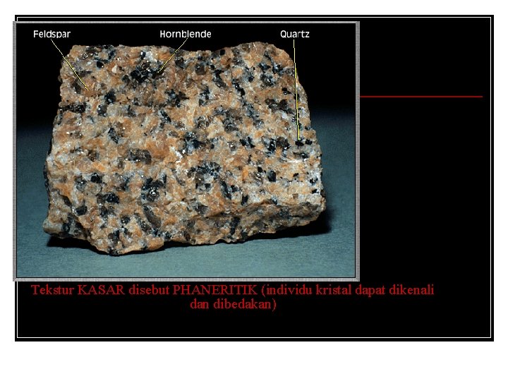 Tekstur KASAR disebut PHANERITIK (individu kristal dapat dikenali dan dibedakan) 