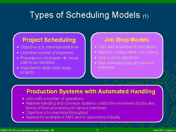 Types of Scheduling Models (1) Project Scheduling § Objective is to minimize total time