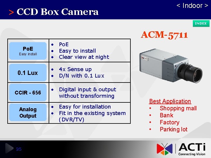 > CCD Box Camera < Indoor > INDEX ACM-5711 Po. E Easy install 0.
