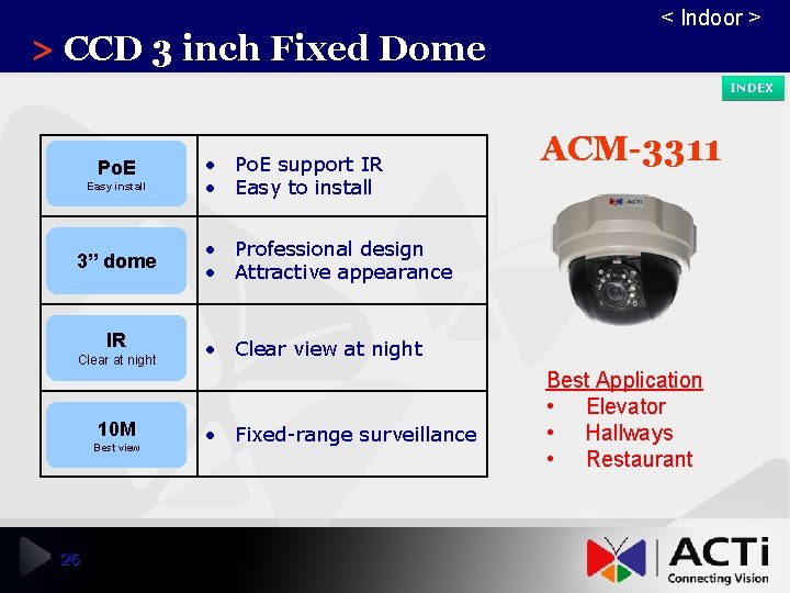 > CCD 3 inch Fixed Dome < Indoor > INDEX Po. E Easy install