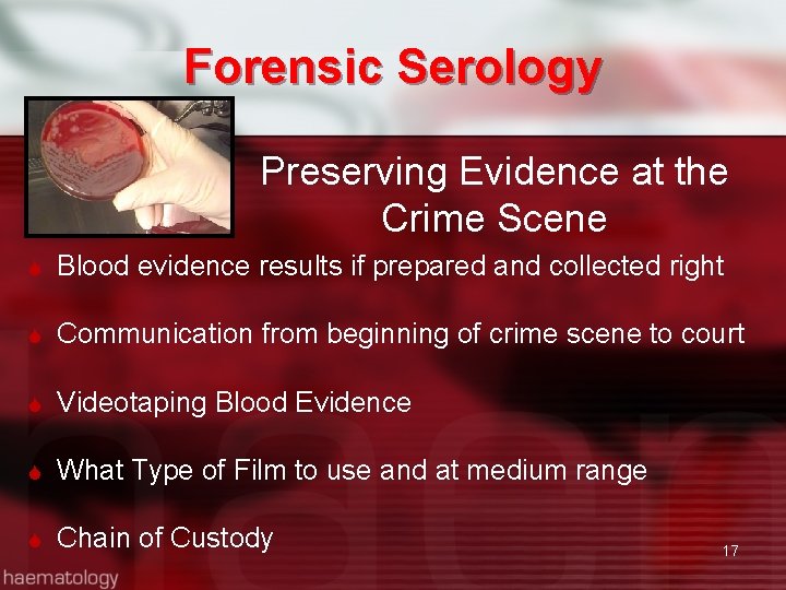 Forensic Serology Preserving Evidence at the Crime Scene Blood evidence results if prepared and