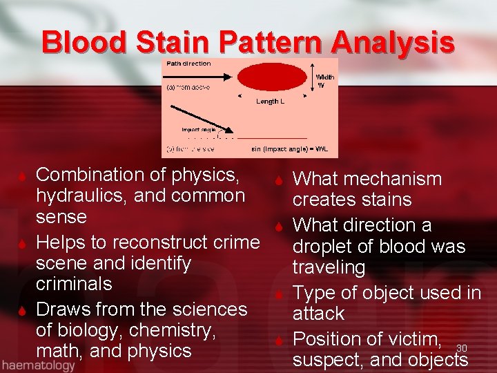 Blood Stain Pattern Analysis Combination of physics, hydraulics, and common sense Helps to reconstruct