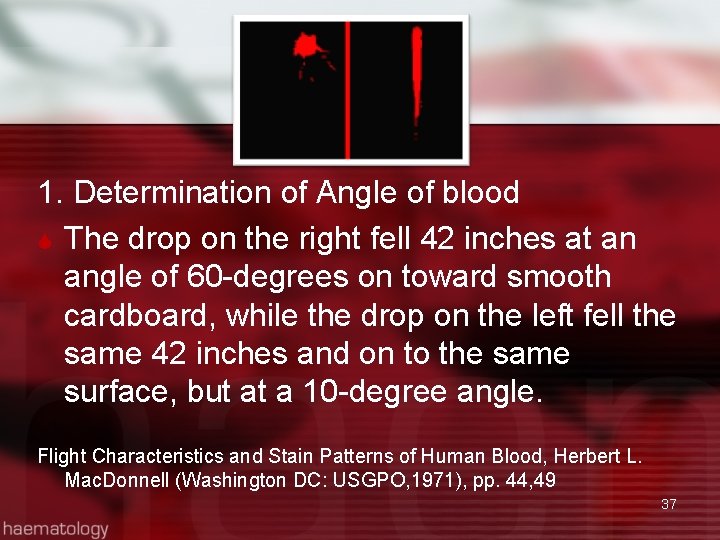 1. Determination of Angle of blood The drop on the right fell 42 inches