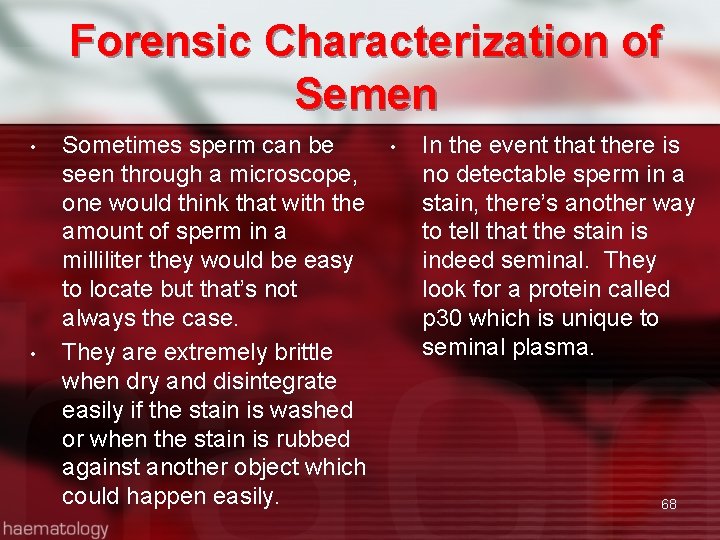 Forensic Characterization of Semen • • Sometimes sperm can be seen through a microscope,
