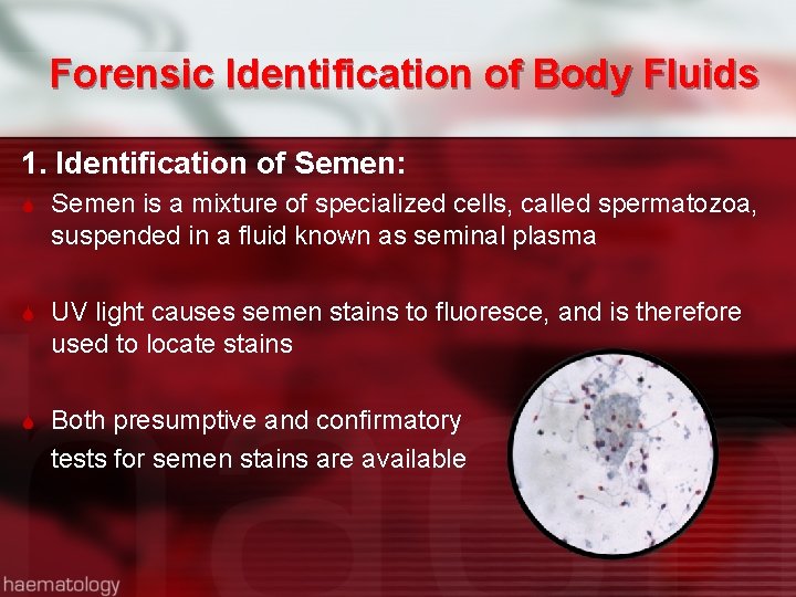 Forensic Identification of Body Fluids 1. Identification of Semen: Semen is a mixture of